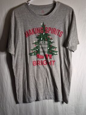 Holiday Time Gray Tee with Red Lettering and Green Tree Beer Graphic